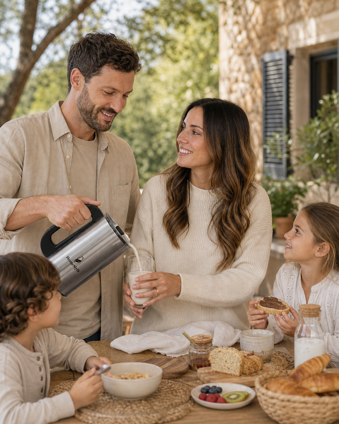 Colazione in famiglia con latte vegetale fresco